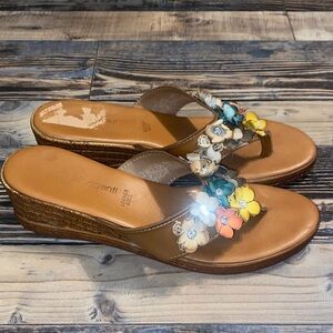 Fabio Maggenti Italian Leather Tan Floral Wedge Sandals